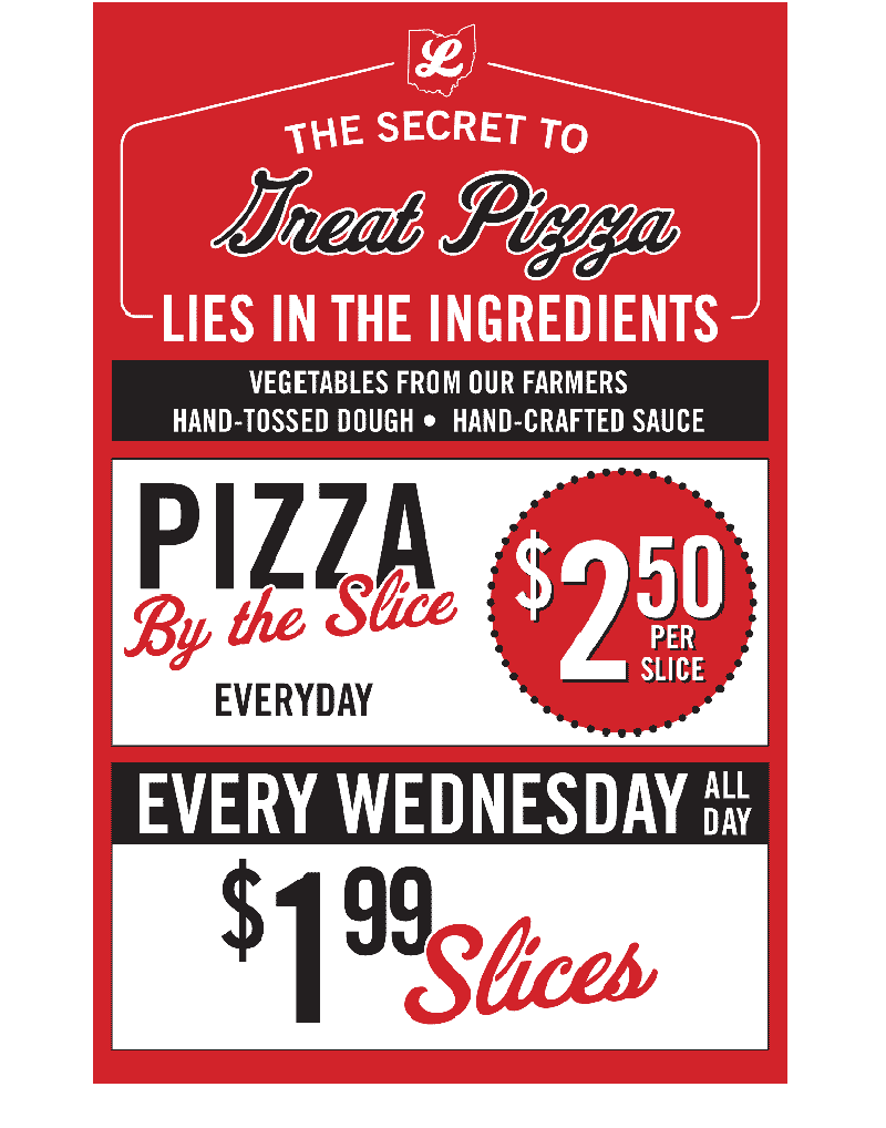 Lucky's Market serves pizza by the slice! Freshly baked pizza topped with the finest ingredients